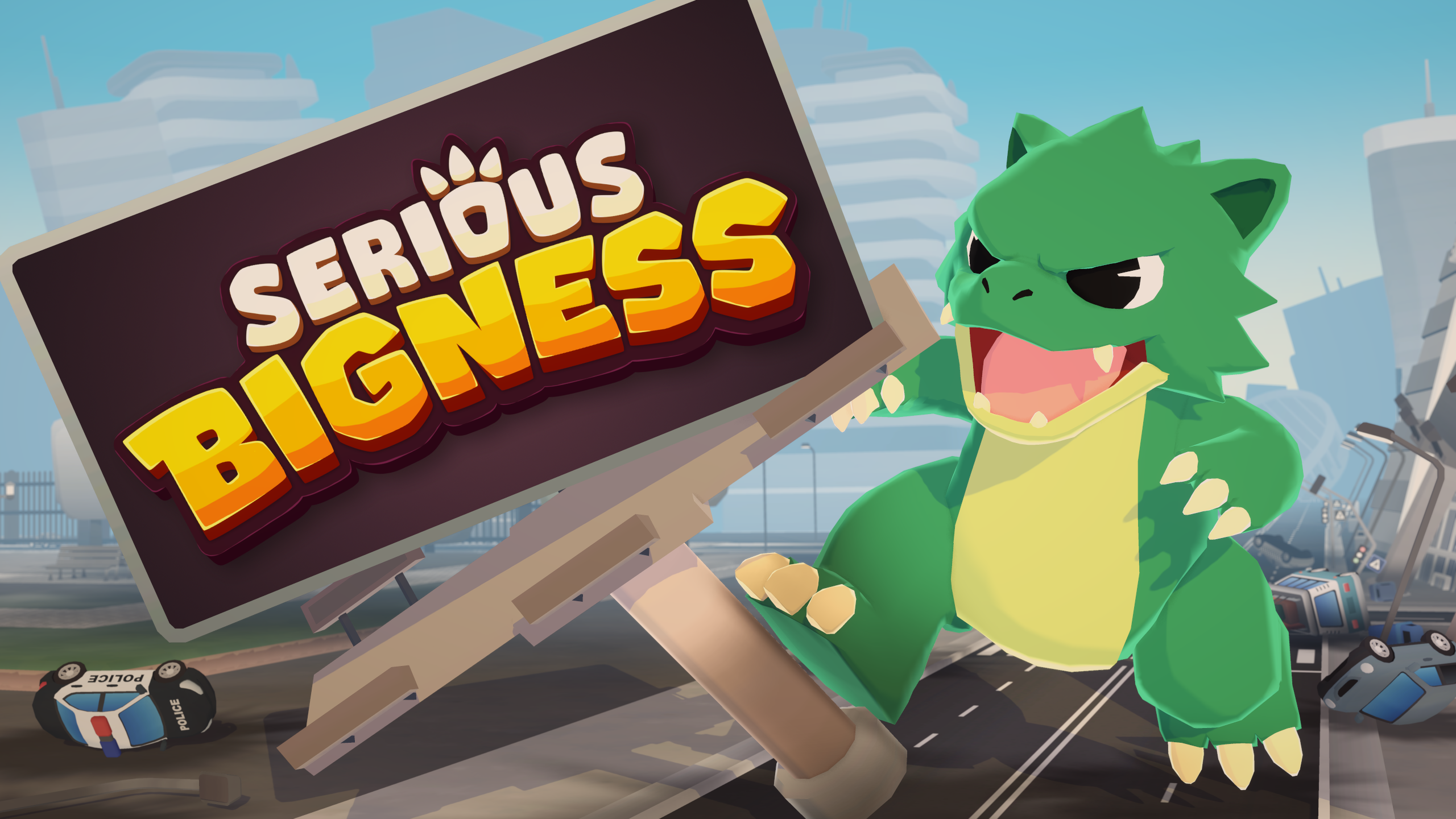 Key art: the kaiju roaring beside a toppled Serious Bigness billboard