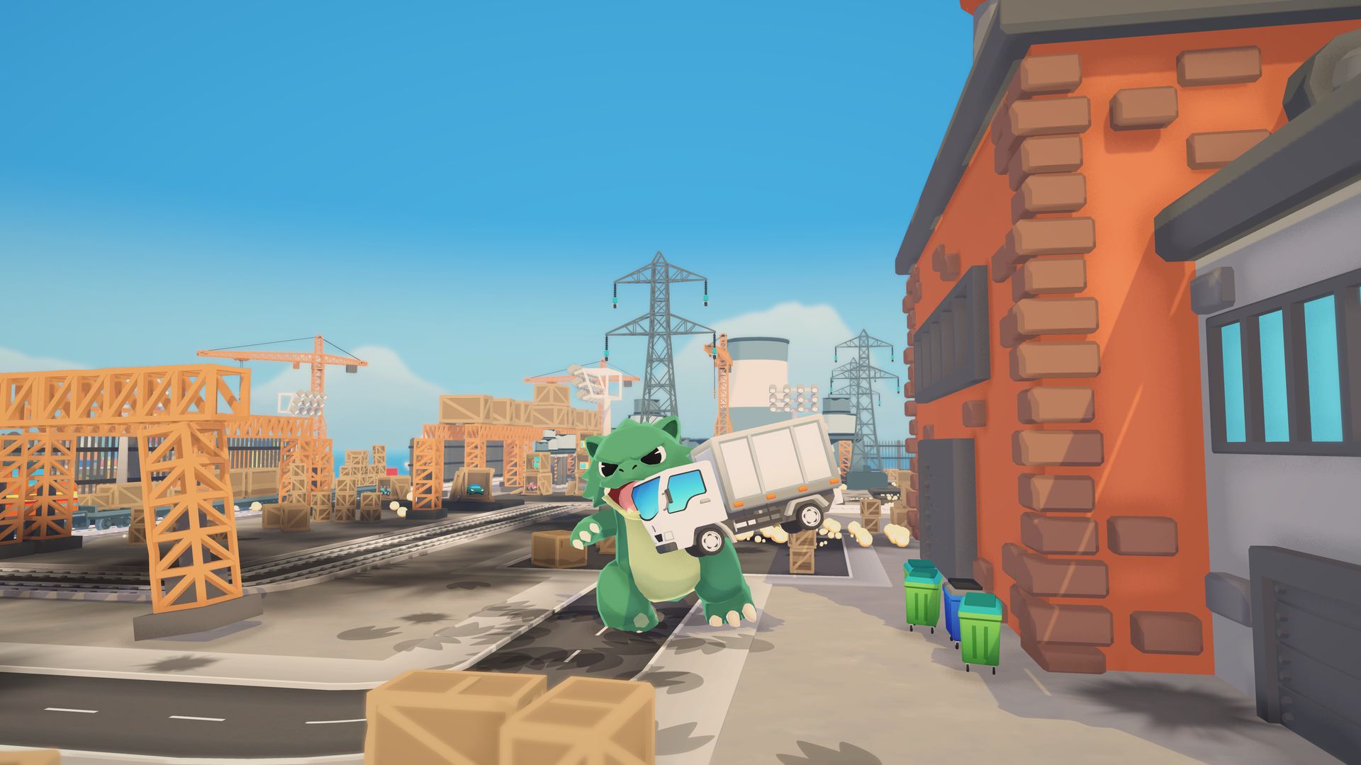 The kaiju biting a delivery truck in an industrial district of cranes, crates, and power lines