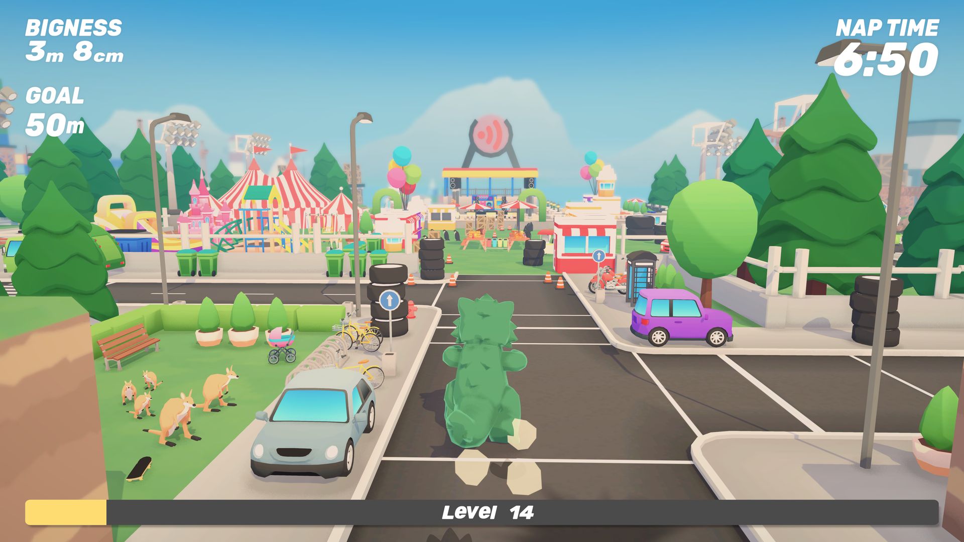 The kaiju stomping through a carnival parking lot full of cars, tires, and kangaroos