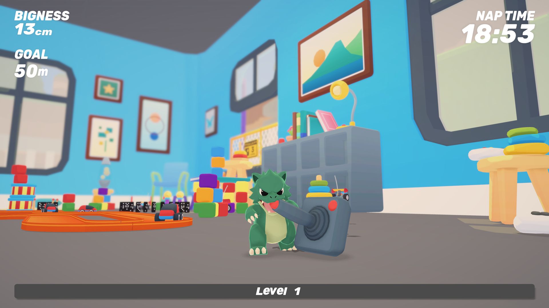 A tiny kaiju in a playroom, biting a toy robot next to stacked blocks and a train set