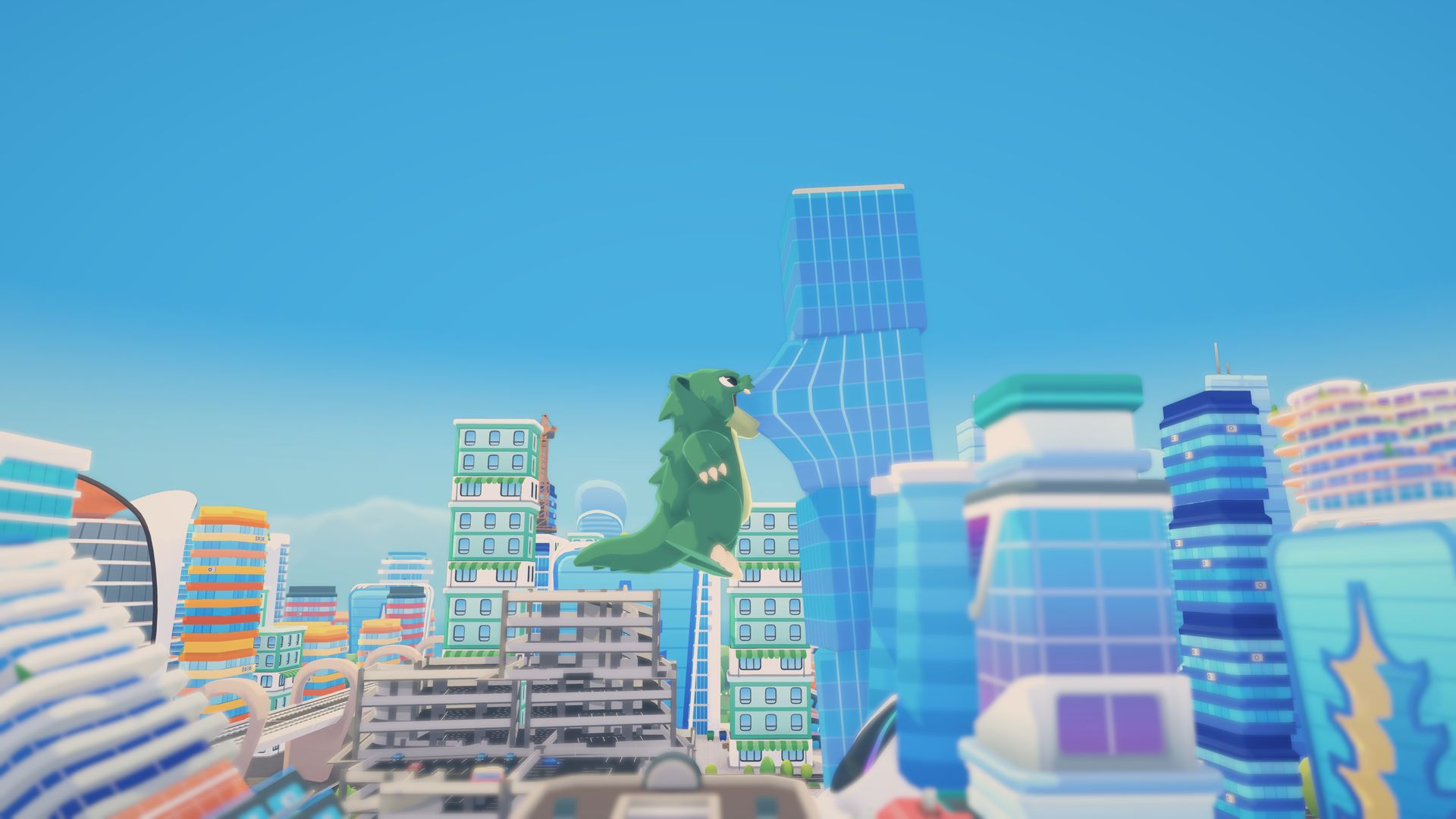 A now-huge kaiju chewing on a skyscraper above a pastel city skyline