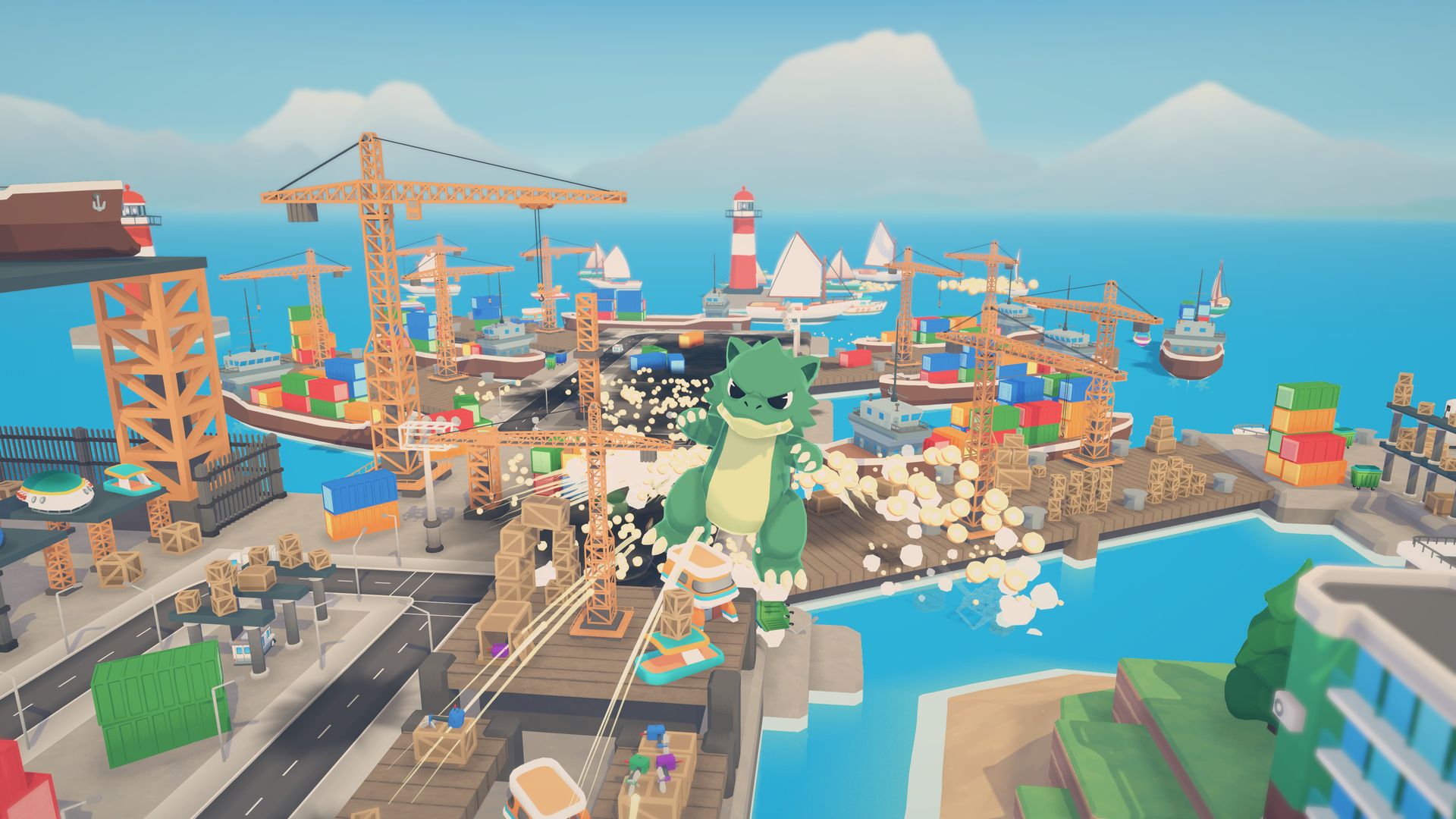 The kaiju smashing through a busy harbor of cranes and container ships, energy orbs flying