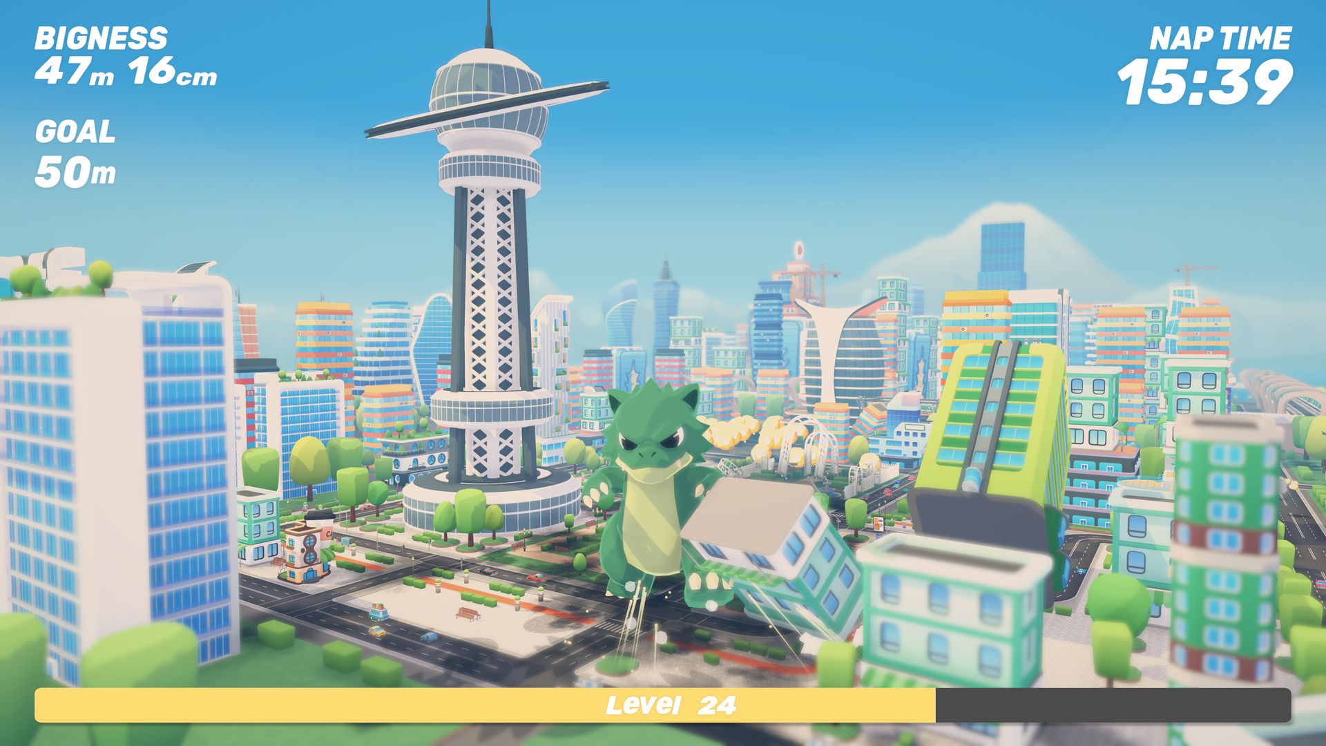The kaiju toppling a green office tower beside a landmark observation tower