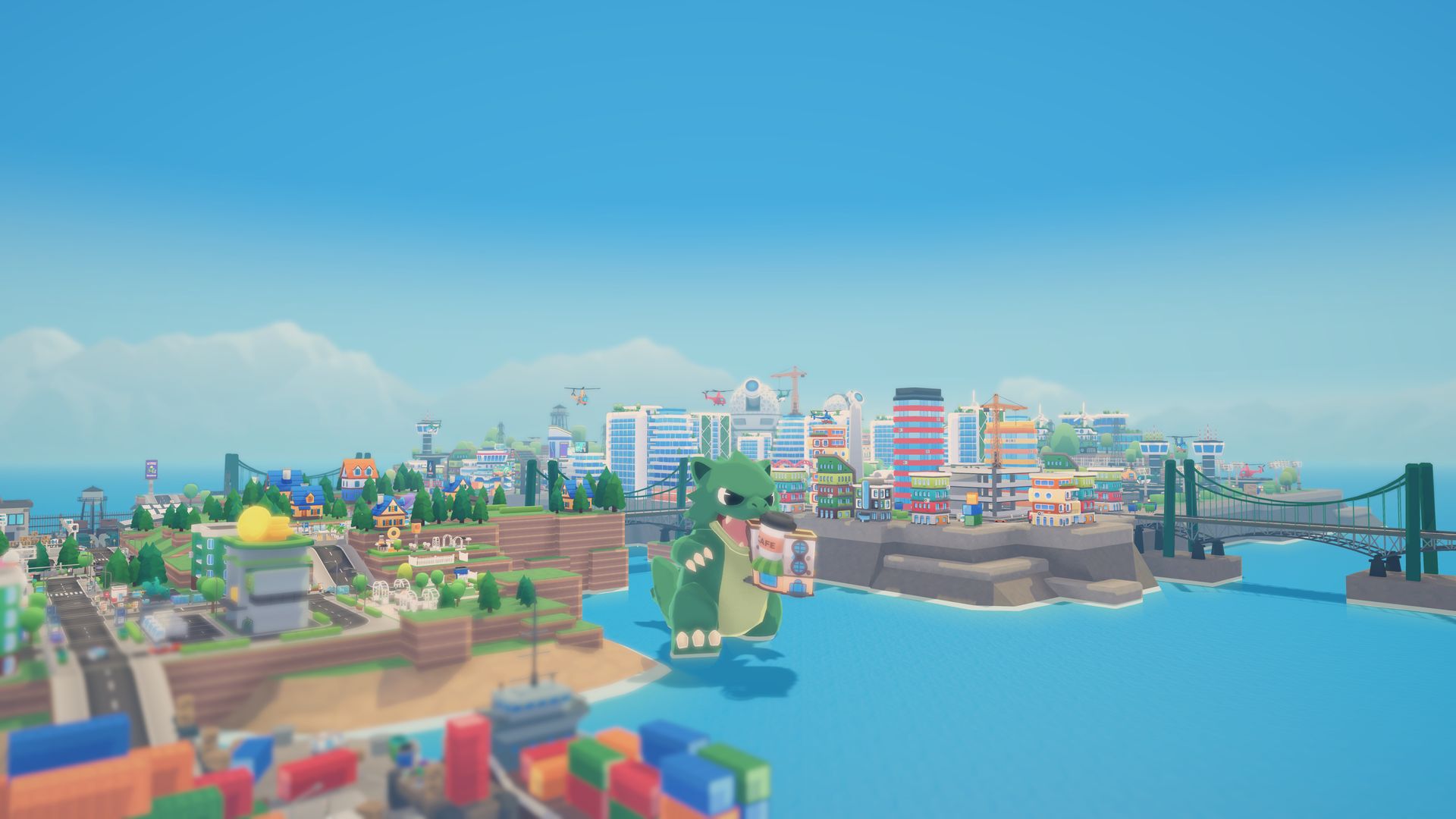 The kaiju wading across a bay toward a coastal city and a suspension bridge