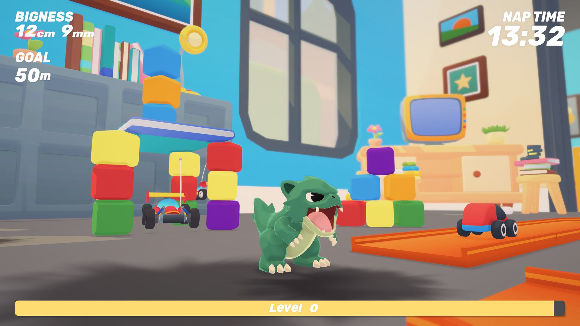 A tiny kaiju roaring in a playroom beside colorful blocks and a toy race car